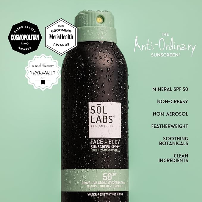SOL LABS Mineral Sunscreen Spray SPF 50 - Lightweight Sheer Mist Zero White Cast - Reef Safe Water Resistant 80 Min - Non-Aerosol Face &amp Body Protection - Korean Formulation - 6 oz