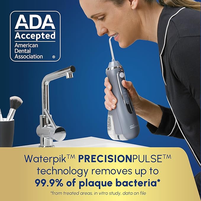 Waterpik Cordless Advanced 2.0 Water Flosser For Teeth Gums Braces Dental Care With Travel Bag and 4 Tips ADA Accepted Rechargeable Portable and Waterproof Gray WP-587 Packaging May Vary
