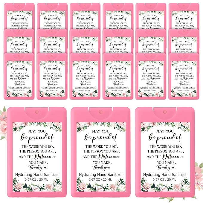 24 Pack Travel Size Hand Sanitizer Spray Bulk Employee Appreciation Week Gift Mini Motivational Thank You Gift Hydrating Pocket Sprays Gifts for International Women Day Gifts(PinkThank You)