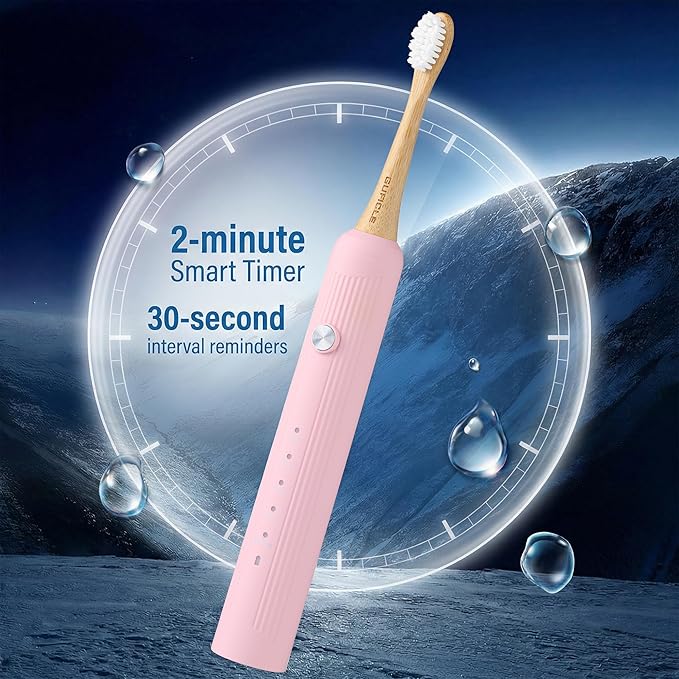 Bamboo Electric Toothbrush for AdultsSonic Electric Toothbrush with 4 Bamboo Heads Soft Castor Oil Bristles 5 Modes Smart Timer Sonic Technology IPX7 Waterproof 70-Day Battery Life-Pink