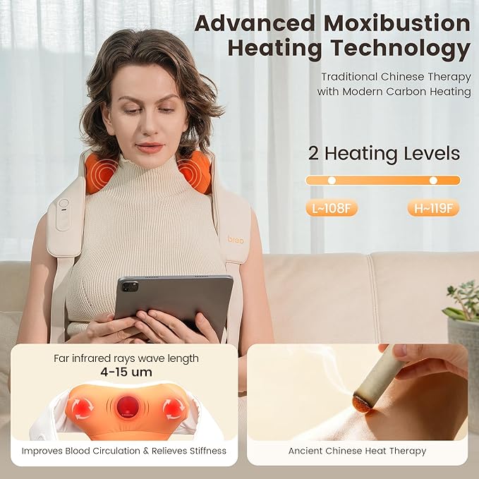 Breo N6 Mini Shiatsu Neck and Shoulder Massager with Heat – Deep Tissue Kneading Massage Pillow with Plum Blossom Rollers Red Light Therapy Quiet Motor Cordless Gift for Back Pain Relief