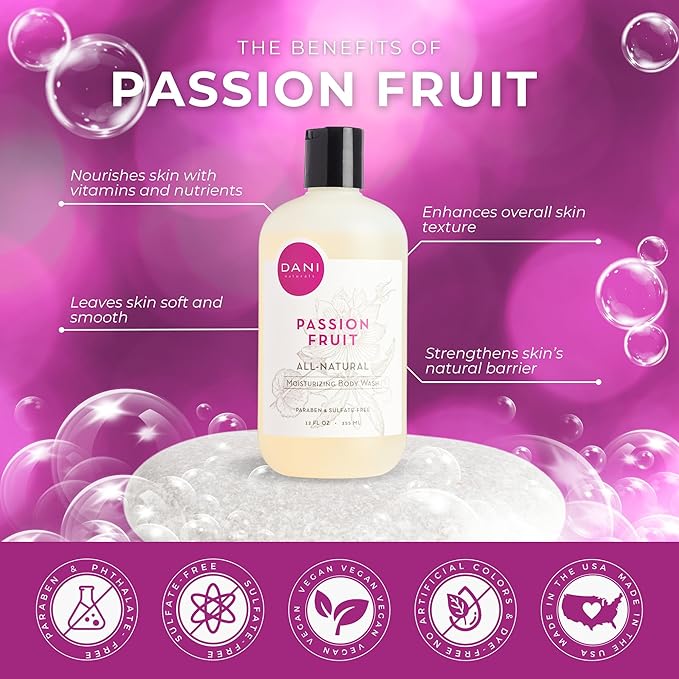 DANI Naturals Moisturizing Body Wash - Sweet Passion Fruit Scent with Organic Aloe Vera &amp Natural Glycerin - Sulfate &amp Paraben-Free Shower Gel - 12 oz - Vegan &amp Cruelty-Free