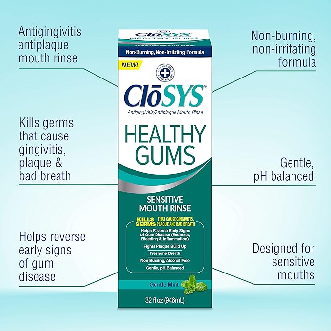 CloSYS Healthy Gums Oral Rinse Mouthwash - 32 Fl Oz &amp Sensitive Mouthwash 32 Ounce Gentle Mint Alcohol Free Dye Free pH Balanced