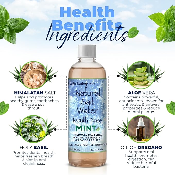 3 Pack Natural Saltwater Mouth Rinse | Himalayan Pink Salt Water Oral Rinse | Organic Refreshing Mint Flavor Fluoride &amp Alcohol Free Mouthwash for Fresh Breath | Natural Gum Care Mouthwash-16 FL O