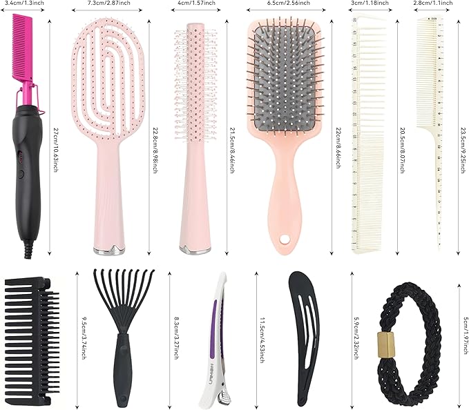 Hair Straightener Hot Comb with 15-Piece Hair Styling Set Pink Brushes and Accessories
