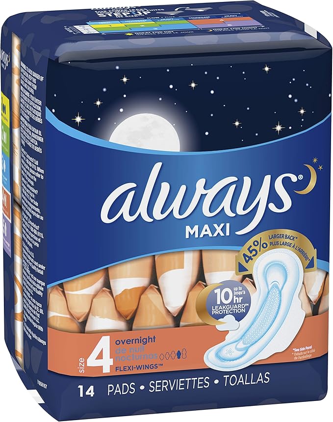 Always Maxi Size 4 Overnight Pads for Women with WingsUnscented 14 Count - Pack of 4 (56 Count Total)