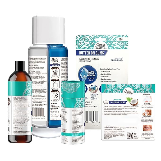 GuruNanda Total Smile Makeover Kit Regular with Cocomint Oil Pulling Dual Barrel Whitening Mouthwash Whitening Strips &amp Butter on Gums Toothbrushes