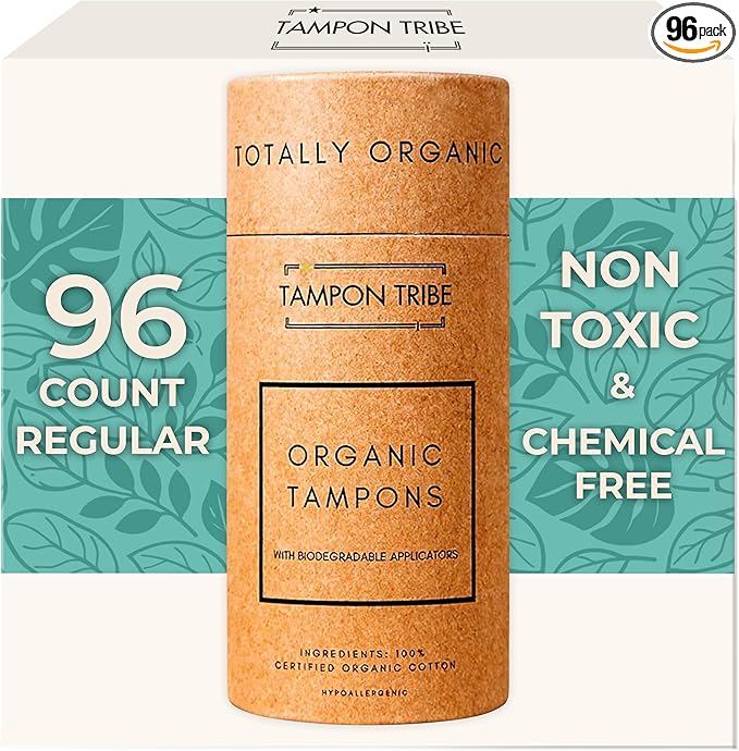 Tampon Tribe Regular Organic Tampons for Women | 96 Non-Toxic Tampons | Natural 100% Organic Cotton Hypoallergenic Metal and Chemical Free with Biodegradable Applicator | (96 Count - Regular)