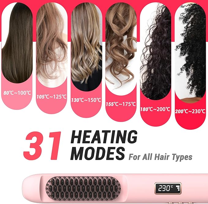 1” Flat Iron with Straightening Comb 2-in-1 Hair Straightener Brush for Styling and Frizz Control 30+ Temps Negative Ions Hair Care Dual Voltage for All Hair Types Pink