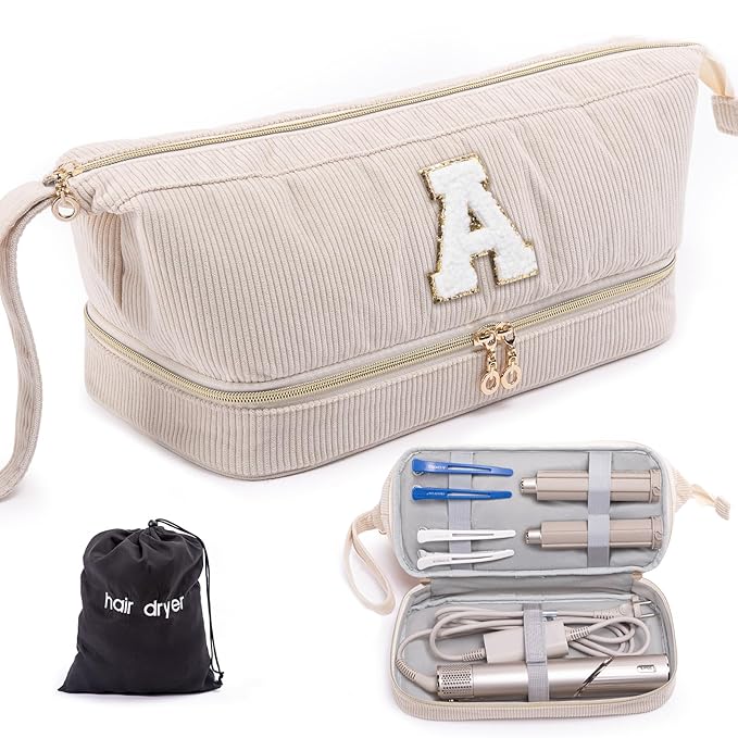 Initial Personalized Hair Dryer CaseDouble-Layer Hair Tools Travel Carrying Case for Shark FlexStyle/SmoothStyle with Hair Dryer Bag - Hair Air Wrap Dryer Case Flat Curling Iron Travel Organizer
