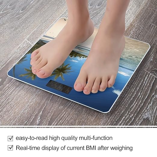 Coconut Palm Beach Scale for Body Weight Anti-Slip Sturdy Tempered Glass Weighing Machine Highly Digital Accurate Bright LCD Bathroom Scale for Household Gift