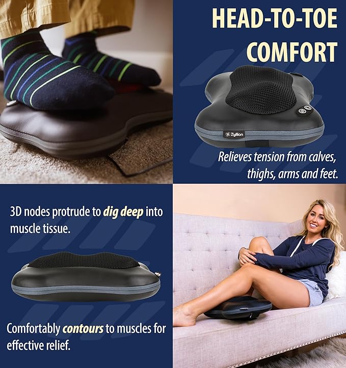 Zyllion Shiatsu Back and Neck Massager with Heat - Cordless Rechargeable 3D Electric Kneading Deep Tissue Massage Pillow with 2 Speeds for Muscle Pain Relief Black ZMA-34RB