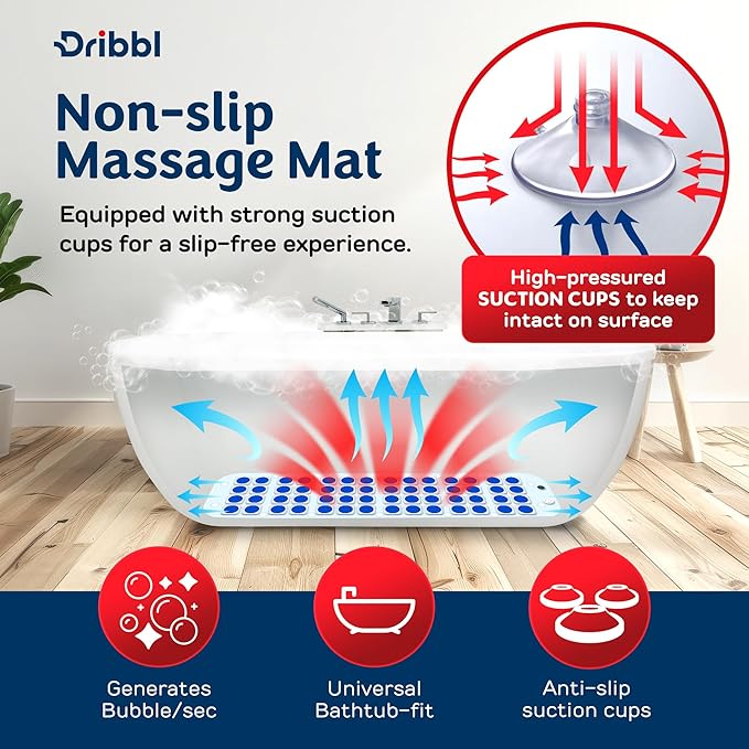 Dribbl Electric Bubble Massage Bathtub Mat – Non-Slip Full-Body Waterproof Hot Tub Spa Mat for Bath with Heater Motorized Air Pump and Remote Control 6-Speed Adjustable Massage Blue
