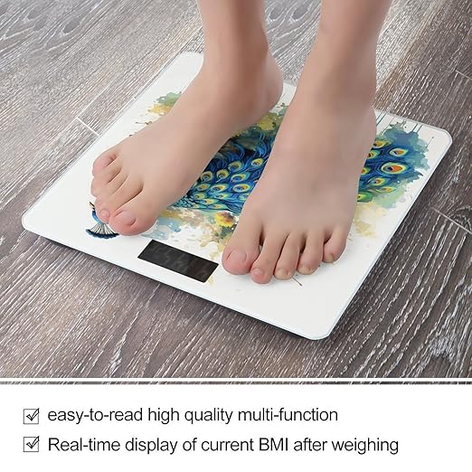 Peacock Watercolor Painting Bathroom Scale for Body Weight Bathroom Weighing Scale with Backlit LCD Display Highly Accurate Measures Weight Up to 180kg