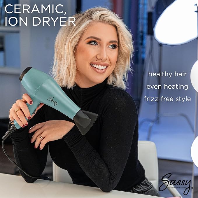 Sassy Ceramic Ion Hair Dryer 1875-Watt Salon Dryer with Concentrator and Diffuser Multiple Heat Settings and Cool Shot (Aqua)