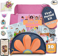 The Bloom First Period Kit for Girls 9-10-12-14 for School Menstrual Starter Kit Gifts for Teens Girls Includes Sanitary Napkin Storage Bag Pads Wipes Ebook Period Tracker Blue (30-PC)