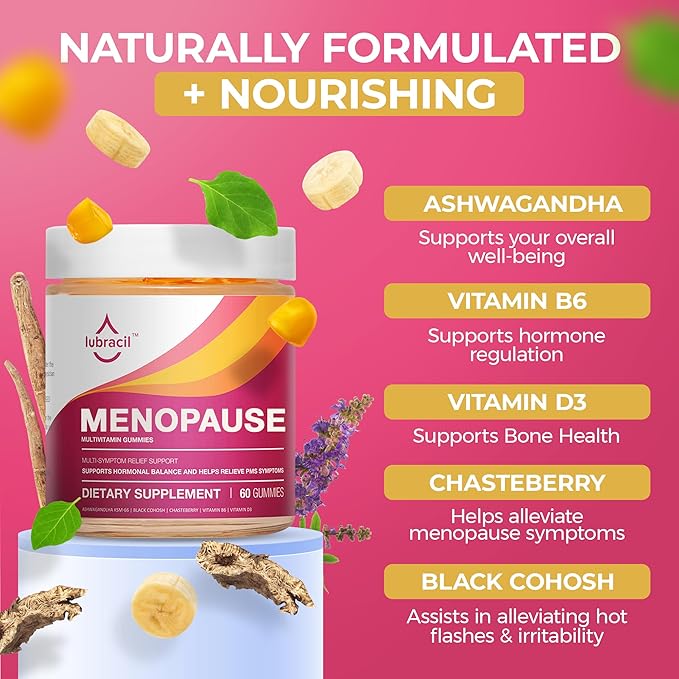 Lubracil Menopause Gummies for Women Perimenopause Supplements with Black Cohosh &amp Ashwagandha Hot Flashes Night Sweats Hormonal Balance 180 Gummies (Pack of 2)