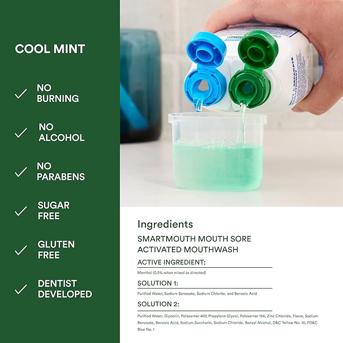 SmartMouth Mouth Sore Activated Mouthwash - Aid Against Canker Sores &amp Irritation - 16 Fl Oz 2 Pack Cool Mint