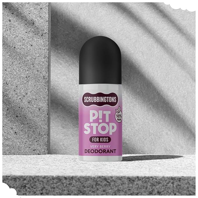 Scrubbingtons Pit Stop Kids Deodorant Natural Roll On For Children Teens. Made in UK 98% Natural Ingredients For Sensitive Skin. Paediatrician approved Aluminium &amp Alcohol Free Very Berry 75ml