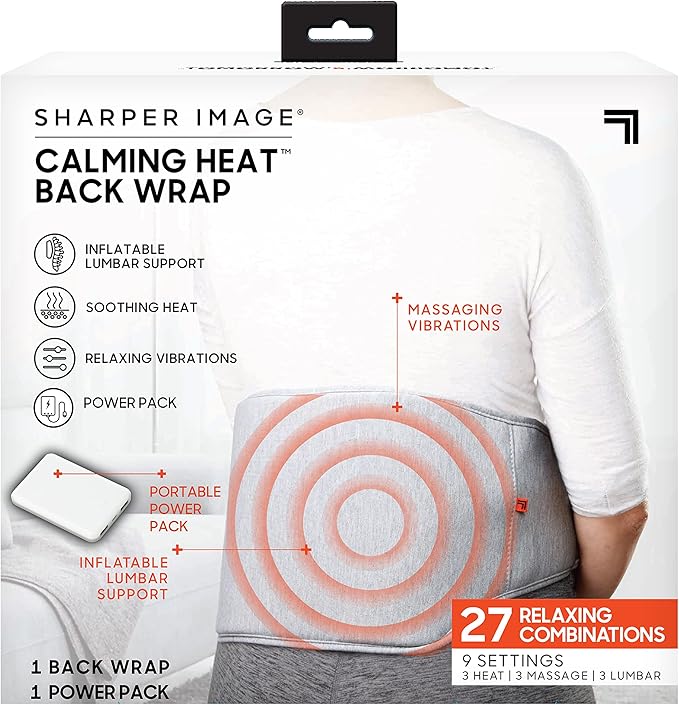 Calming Heat Back Wrap by Sharper Image with Power Pack | Cordless Electric Inflatable Heating Pad Auto Shut-Off Gift for Holidays Women &amp Men | 3 Heat 3 Vibrating Massage &amp 3 Lumbar Setti