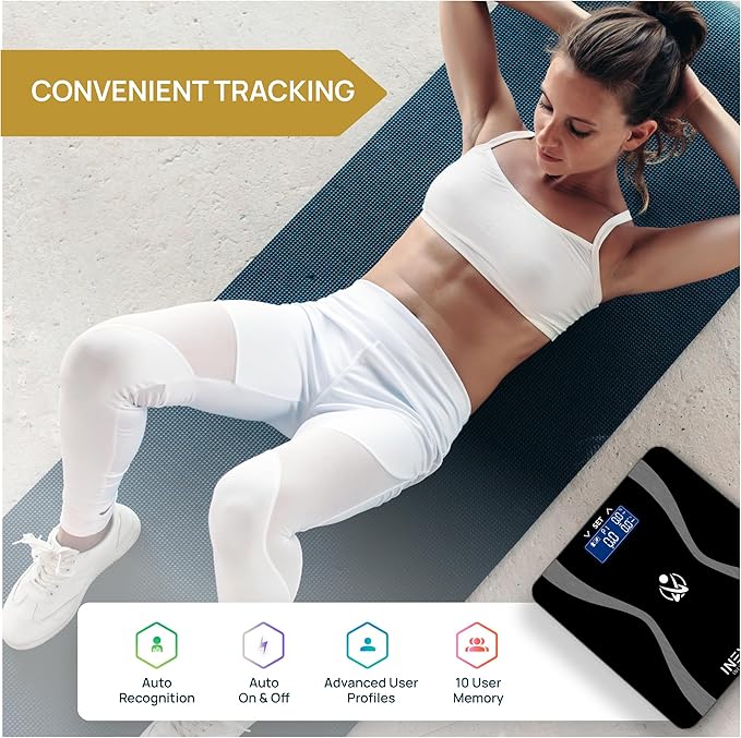 INEVIFIT Body-Analyzer Scale Highly Accurate Digital Bathroom Body Composition Analyzer Measures Weight Body Fat Water Muscle &amp Bone Mass for 10 Users. Includes Batteries