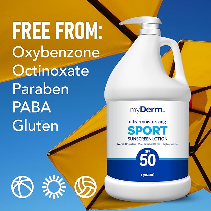 MyDerm Ultra-moisturizing SPF 50 Sport Sunscreen Lotion Free from Octisalate Oxybenzone Octinoxate and Parabens Hawaii 104 Reef Act Compliant 128 oz (1 Gallon) Broad Spectrum UVA/UVB Protection