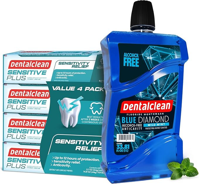 Dentalclean Alcohol-Free Mouthwash 33.8 Fl Oz (Blue Diamond Mint) + Pack of 4 Toothpaste Gel – Sensitivity Relief – Mild Mint – 3.7 oz
