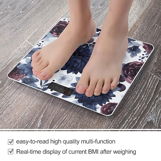 Watercolor Dark Blue Pattern Scale for Body Weight Anti-Slip Tempered Glass Digital Bathroom Scales Clear LCD Display Weighing Scale Safe Rounded Corners Smart Scales