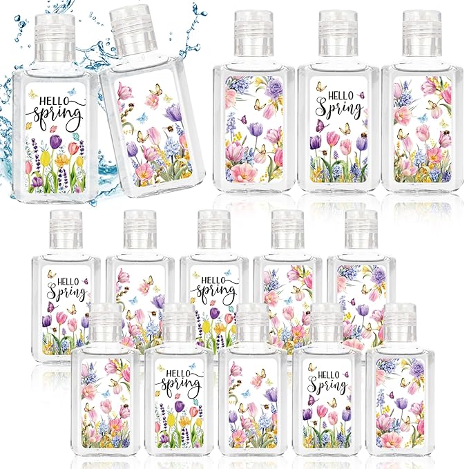 50 Pcs Hello Spring Mini Hand Sanitizers Bulk 1fl oz Travel Size Portable Tulip Flower Scented Hand Soap Gifts Small Spring Hand Sanitizer for Nurse Coworker Teacher Office Gifts