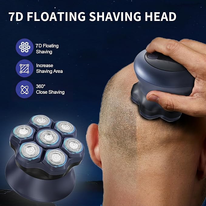 Upgraded 7D Head shavers for Bald MenBald Head Electric RazorsWaterproof Dry Wet Rotary Shavers/Razor for Balder with an Extra agnetic Head（Blue）