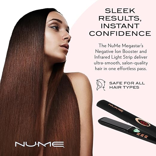 NuMe Megastar Hair Straightener Tourmaline Flat Iron–1 Inch Floating Plates with Negative Ion Booster Infrared Light Strip Ideal for All Hair Types – Ultra-Smooth and Shiny Results