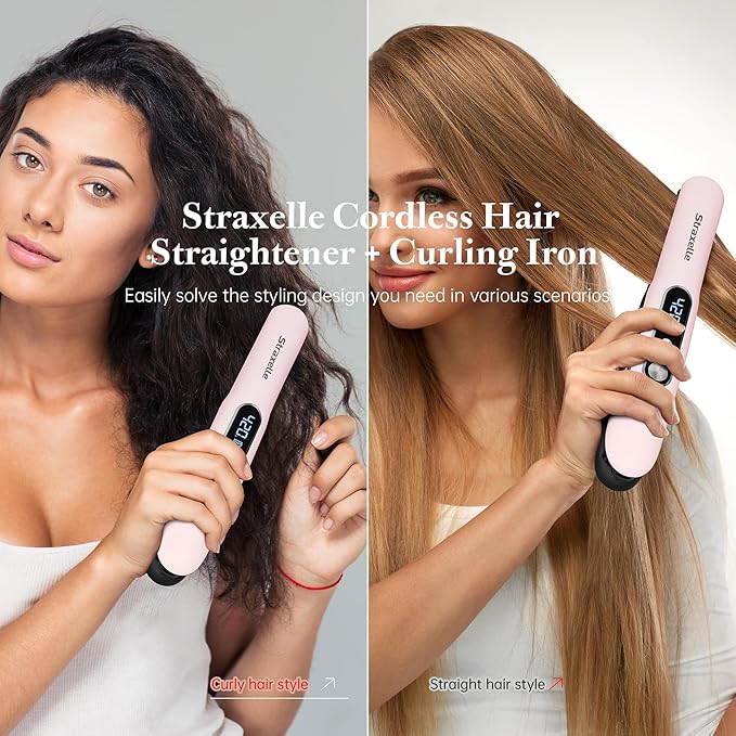 Mini Cordless Hair Straightener and Curler 2 in 1 Mini Portable Flat Iron Adjustable 350°F-420°F Travel Hair Straighteners LED Display/5000mAh Ceramic Flat Iron Hair Straightener for Women Men(Pink)