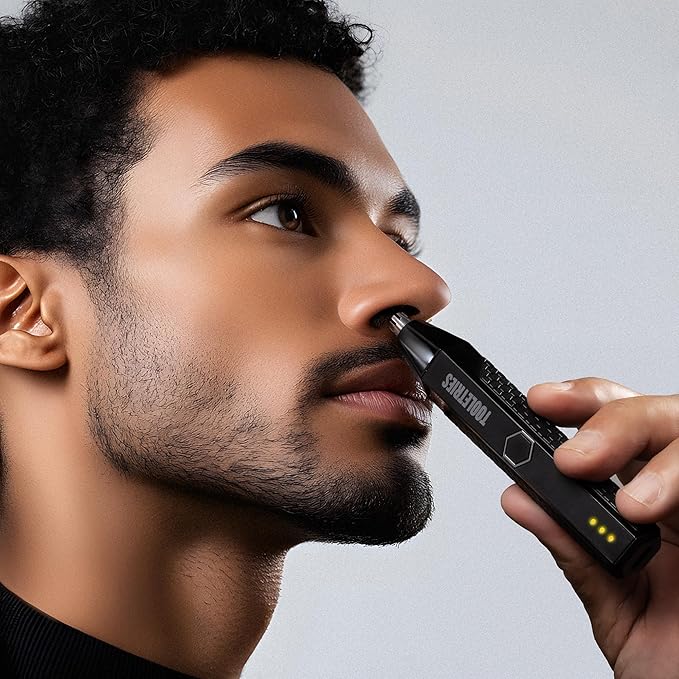 TOOLETRIES The Ranger - Electric Nose &amp Ear Hair Trimmer for Men Wet/Dry Nose Clippers with Stainless Steel Blades Waterproof Rechargeable Li-Ion Battery LED Spotlight Travel Lock - Black