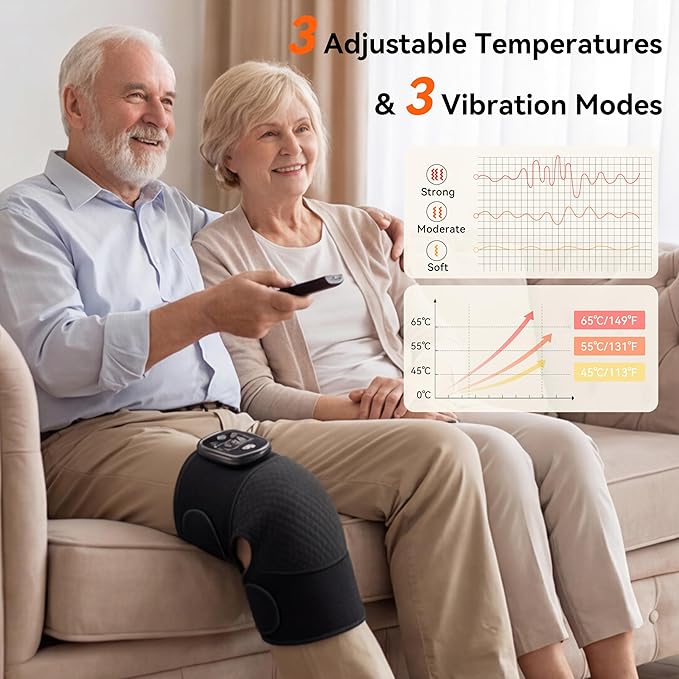 Electric Cordless Knee Massager with 3 Heat 3 Vibration3-in-1 Knee Heating Pad for Pain ReliefArthritisAuto-Off Timer Knee Brace for Shoulder Elbow Ideal Gifts for Men Women Dad Mom(BlackPair)