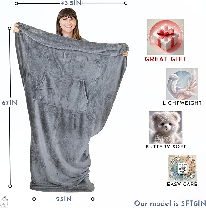 Fleece Lightweight Foot Pocket Blanket -Patent Pending- Gamer Gift for Men Who Have Everything - Gifts for Men Who Wants Nothing and Elderly Dads (Fleece Silver Grey)