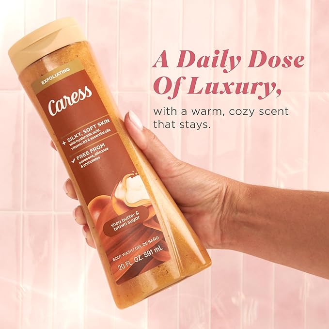 Caress Body Wash for Women Shea Butter &amp Brown Sugar Hydrating and Exfoliating Shower Gel for Gorgeous Radiant Skin 20 fl oz 4 Pack