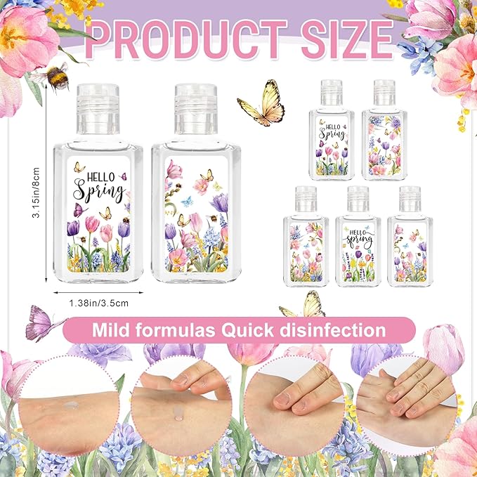 50 Pcs Hello Spring Mini Hand Sanitizers Bulk 1fl oz Travel Size Portable Tulip Flower Scented Hand Soap Gifts Small Spring Hand Sanitizer for Nurse Coworker Teacher Office Gifts