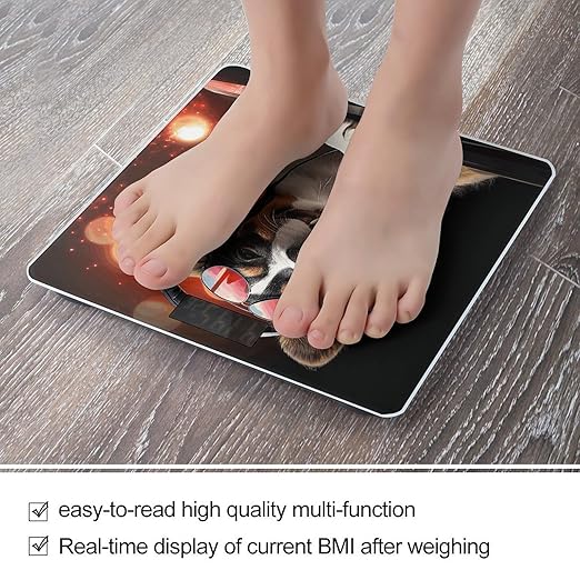 Cute Dog Wearing Headphones Scale for Body Weight Anti-Slip Tempered Glass Digital Bathroom Scales Clear LCD Display Weighing Scale Safe Rounded Corners Smart Scales