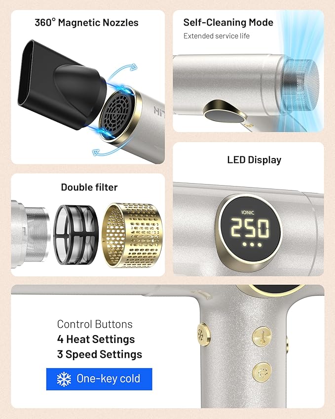HITTIONA Dual Voltage Travel Hair Dryer with Magnetic Diffuser - 2000W High-Speed Ionic Hair Dryers Gift for Women Fast Drying Low Noise Lightweight No Heat Damage European Travel 110V-240V Gold