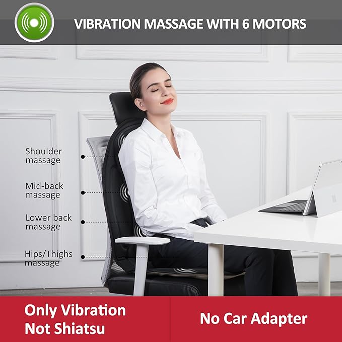 Snailax Massage Seat Cushion - Back Massager with Heat 6 Vibration Massage Nodes &amp 2 Heat Levels Massage Chair Pad for Home Office ChairBlack