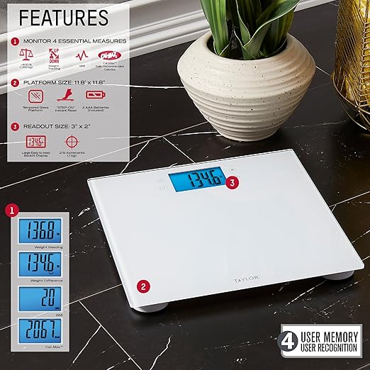 Taylor Digital Body Composition Scale w/Cal-Max Bathroom Scale for Body Weight Measures Body Fat Body Water &amp Muscle Mass Percentages 4 User Recognition FSA HSA Eligible 400 lb Capacity Wh