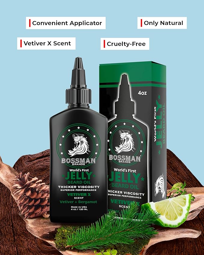 Bossman Jelly Beard Oil for Men - 3 Pack (12 oz in Total Vetiver X Scent) – Softens Moisturizes &amp Conditions with Natural Ingredients