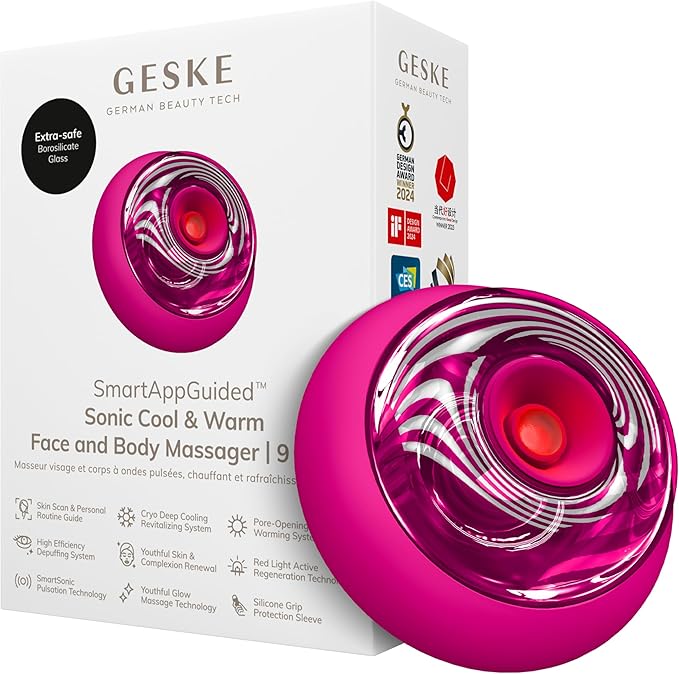 GESKE SmartAppGuided™ Sonic Cool &amp Warm Face &amp Body Massager | 9 in 1 | Electric Massager | Face &amp Body | Battery-Free Cooling &amp Warming | Firms Relaxes &amp De-Puffs Skin | with Sma