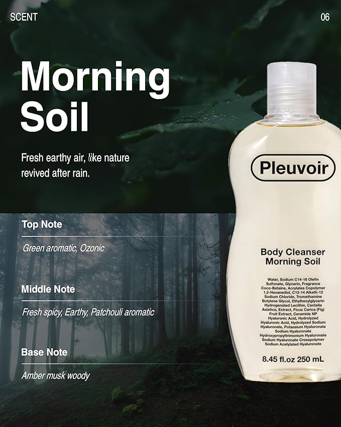 Pleuvoir Body Cleanser Morning Soil (Petrichor) - Perfume Body Wash - Fresh Earthy Rain Ozonic Green Scent - Rich Moisturizing Foam with 8 Types Hyaluronic Acid Ceramides - Vegan K-Beauty 8.45 fl.oz