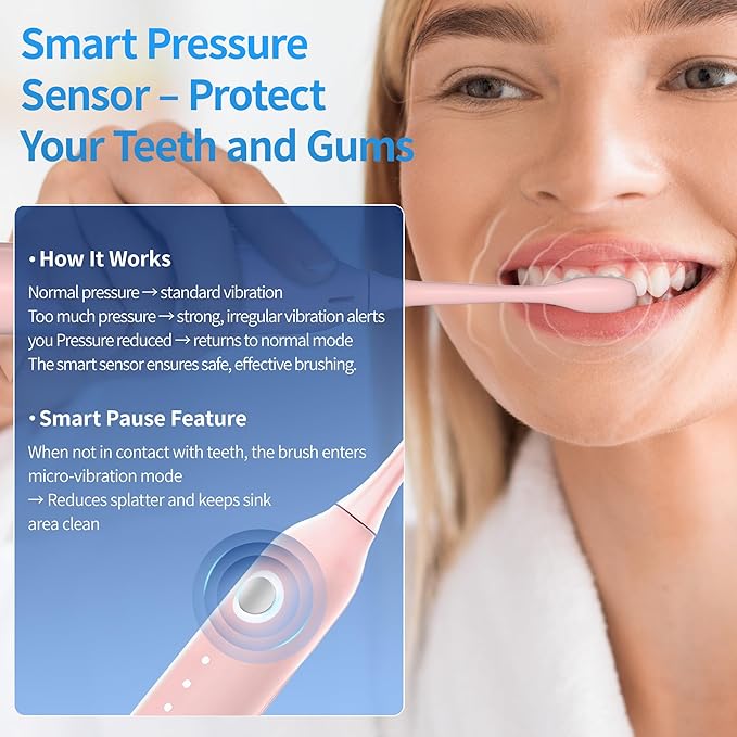 Sonic Vibrating Toothbrush with Pressure Sensor Pink Electric Toothbrush with 8 Brush Heads 3 Modes 33000VPM 2-Min Timer One Charge Lasts for 30 Days 3D Rounded Soft Bristles IPX7 Waterproof