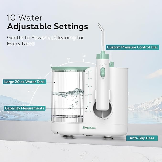 Pro Countertop Oral Irrigator Water Dental Flosser | 10 Pressure Levels 21–160 PSI 20.3 oz Large Tank Complete 8-Tip System for Braces Implants &amp Gum Care BPA-Free (FC1761-W)