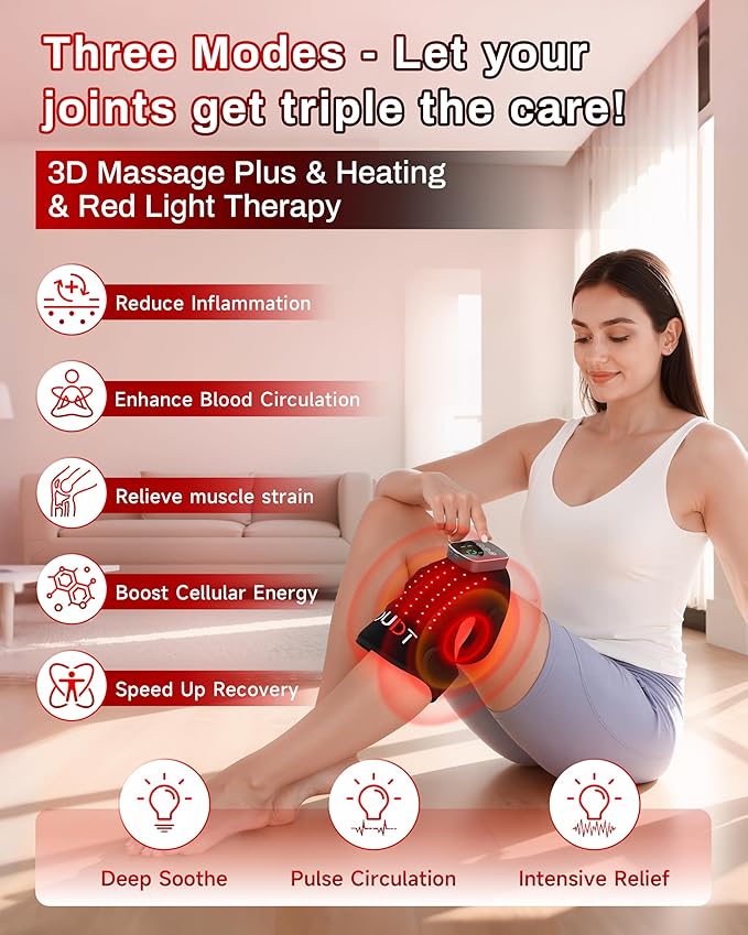 3D Knee Massager with Heat and Red Light Therapy Wireless 5000mAh Heated Knee Brace Massager for Pain Relief 5-Level Intensity &amp 3-Mode Vibration &amp 3 Heat Settings for Joint Pain Relief