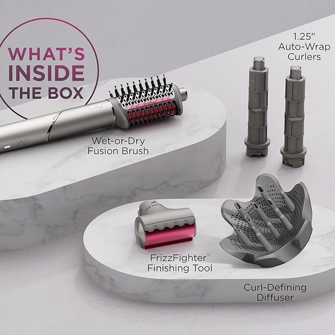 Shark FlexFusion Hair Dryer with Fusion Hair Brush Diffuser Ceramic Air Styler with Auto-Wrap Hair Curlers Ceramic Plates Metallic Mist HD642