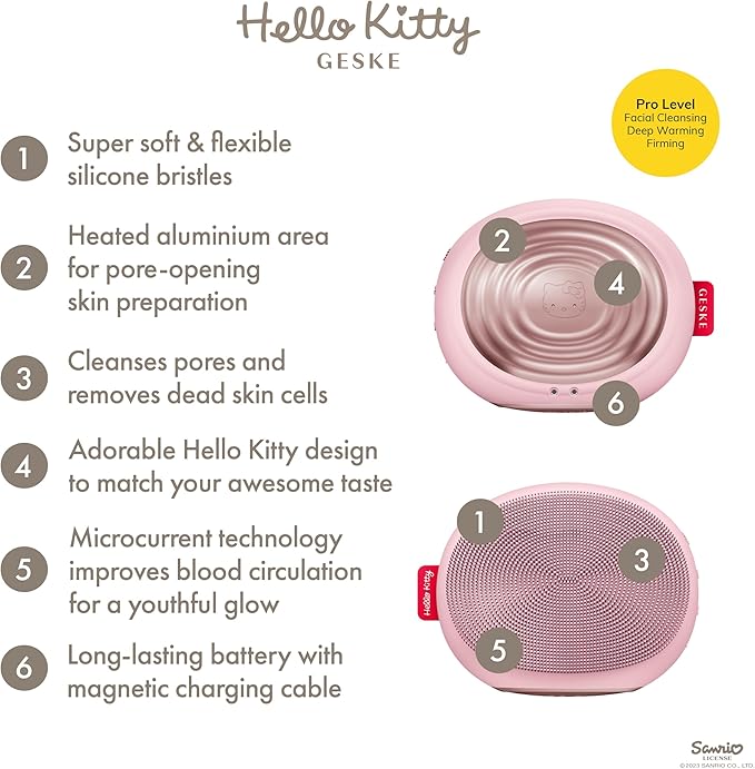 GESKE x Hello Kitty SmartAppGuided Sonic Thermo Facial Brush | 5 in 1 | Skin Cleansing | Cleansing Brush with Thermal Function | Electric Facial Massager