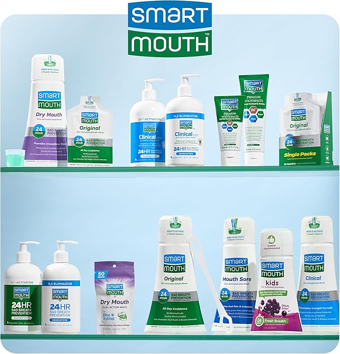 SmartMouth Original Fresh Breath Oral Care Bundle - Mouthwash Single Packs Fluoride Anti‑Cavity Zinc Toothpaste &amp Dry Mouth Dual‑Action Mints - Sugar Gluten &amp Alcohol-Free - 10 Packs 6 oz